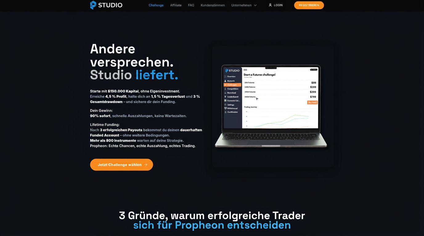Product showcase — laptop mockup with live dashboard preview, scannable feature copy.